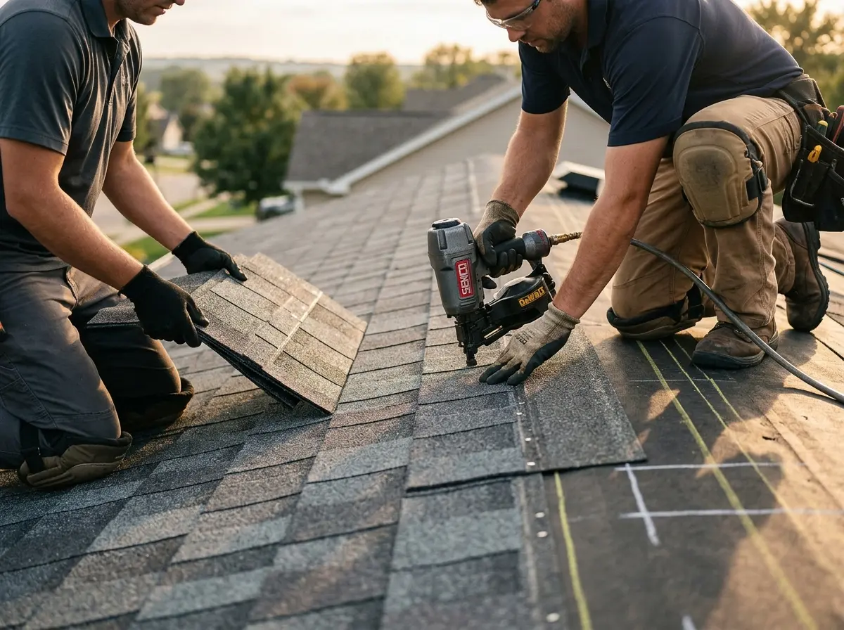 Professional roofer working on a residential roof in Bedford